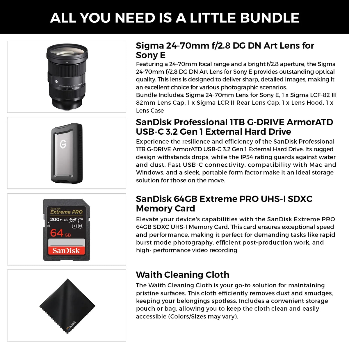 Sigma 24-70mm F2.8 DG DN Art Lens for  E with Professional 1TB External Hard Drive USB-C 3.2 Gen 1, 64GB Extreme PRO UHS-I SDXC Memory Card and Waith Microfiber Cleaning Cloth (Bundle Set)