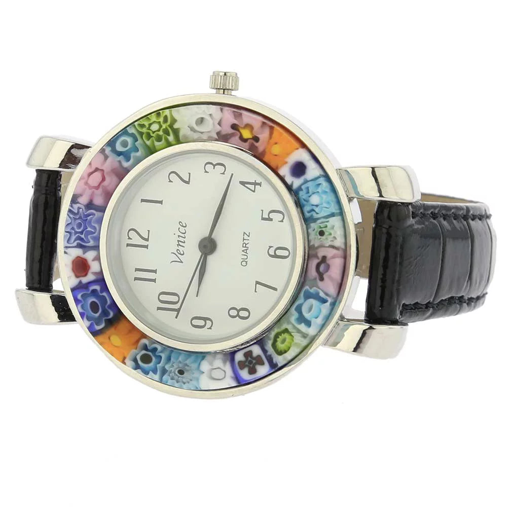 GlassOfVenice Serena Murano Millefiori Watch With Leather Band - Black