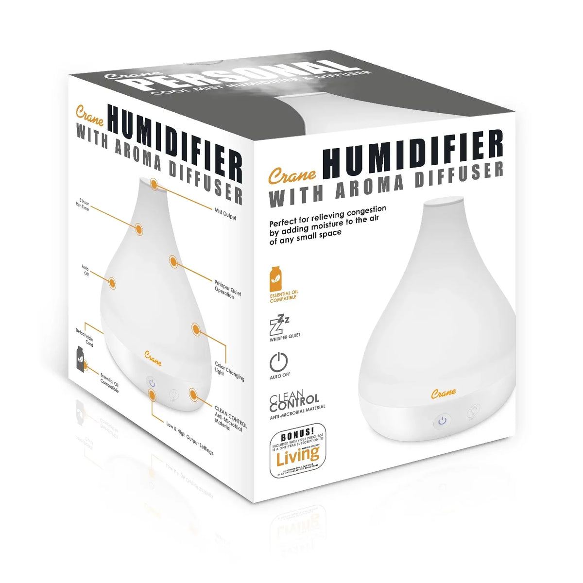 Crane Cone Shape Ultrasonic Cool Mist Aroma Diffuser, Model EE-5953AD, White