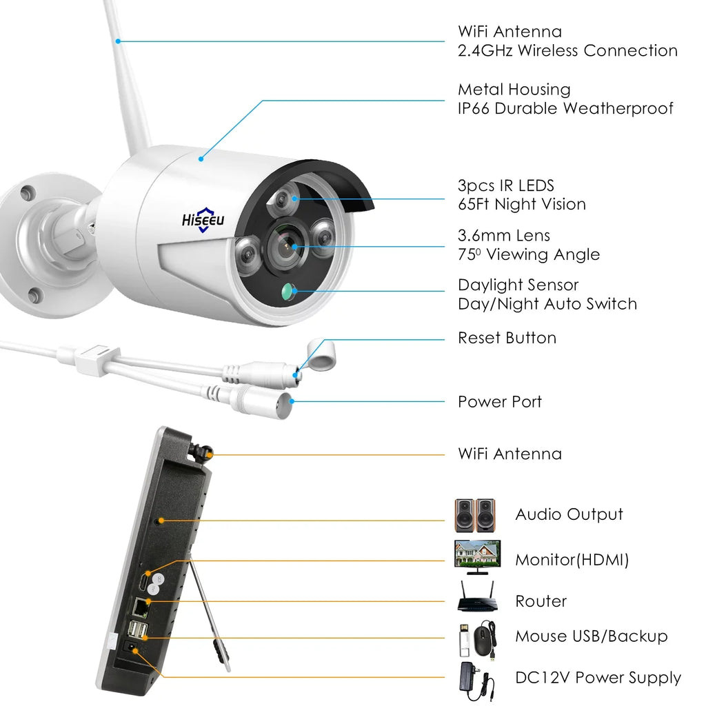 Hiseeu 3MP Security Camera System with 12.1" Monitor, 3TB Hard Drive, 4Pcs Security Cameras Wireless Wifi for Recording and Remote View, Home Security Camera System (Supports Only 2.4Ghz Wi-Fi)