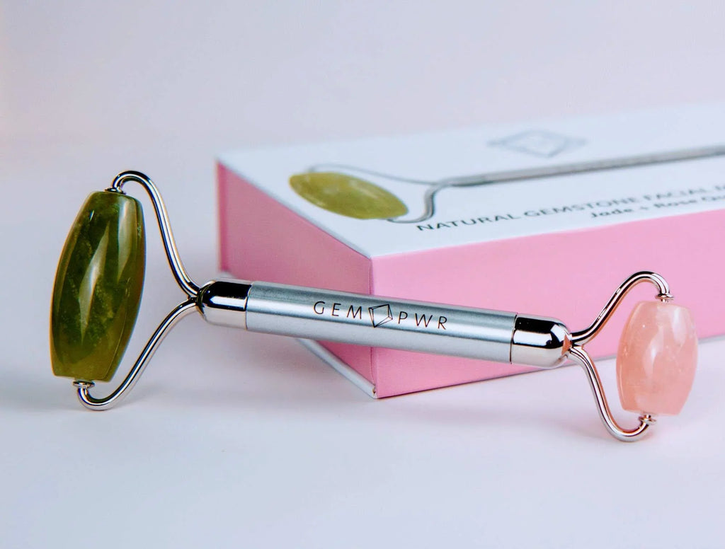 GEM PWR Rose Quartz + Jade Face Roller, Dual Head 2-in-1 with Travel Bag and Durable Steel Handle