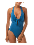 VINCE CAMUTO SWIM Women's Teal Stretch Knot-Front Tie Removable Cups Moderate Coverage Deep V Neck Halter One Piece Swimsuit 4