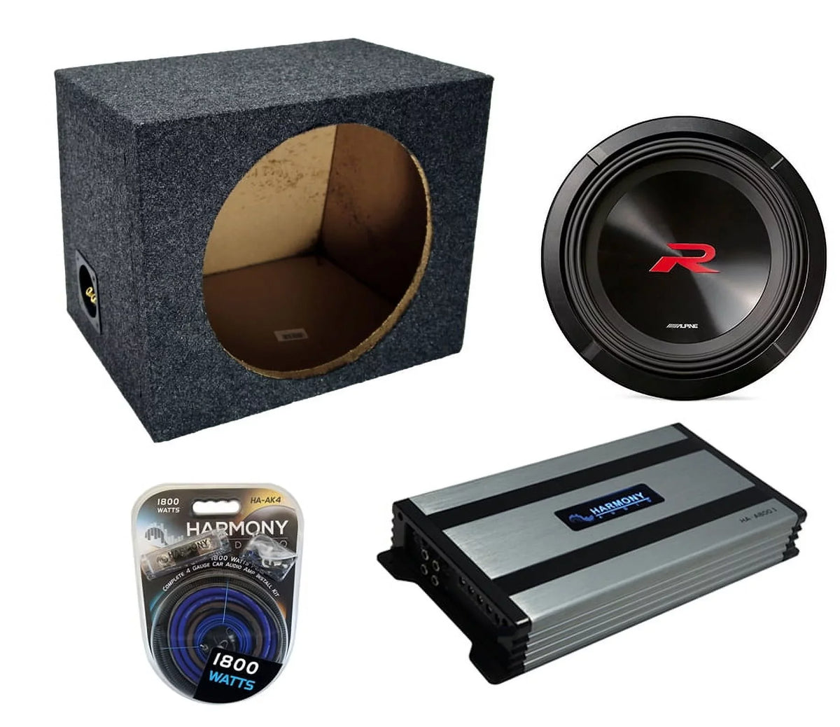 Universal Car Stereo Rearfire Sealed Single 12" Alpine Next-Generation R-Series R2-W12D4 Sub Box Enclosure with Harmony HA-A800.1 Amplifier & 4GA Amp Kit