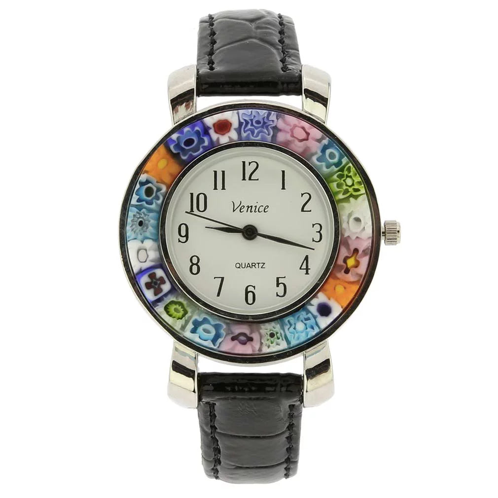 GlassOfVenice Serena Murano Millefiori Watch With Leather Band - Black