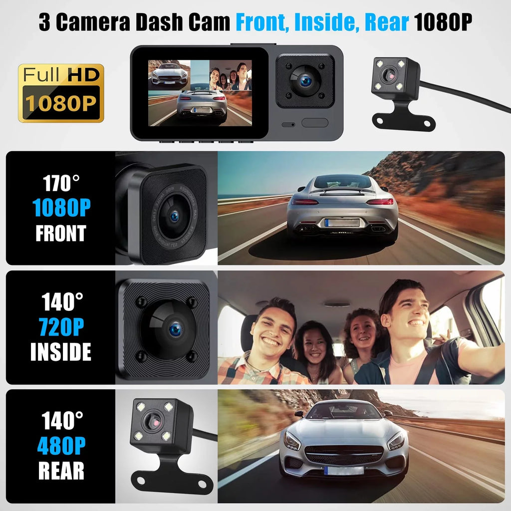 Dash Cam Front and Rear, TSV 3 Channel Dual Dash Camera, 1080P HD Screen Car Camera DVR Backup Cam with Night Vision