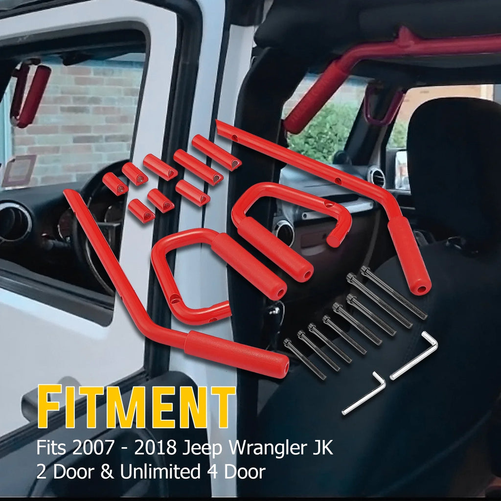 WEISEN-  Powder Coated Red Aluminum Full Front & Rear Grab Bar Handles Set for 07-18 Jeep Wrangler JK