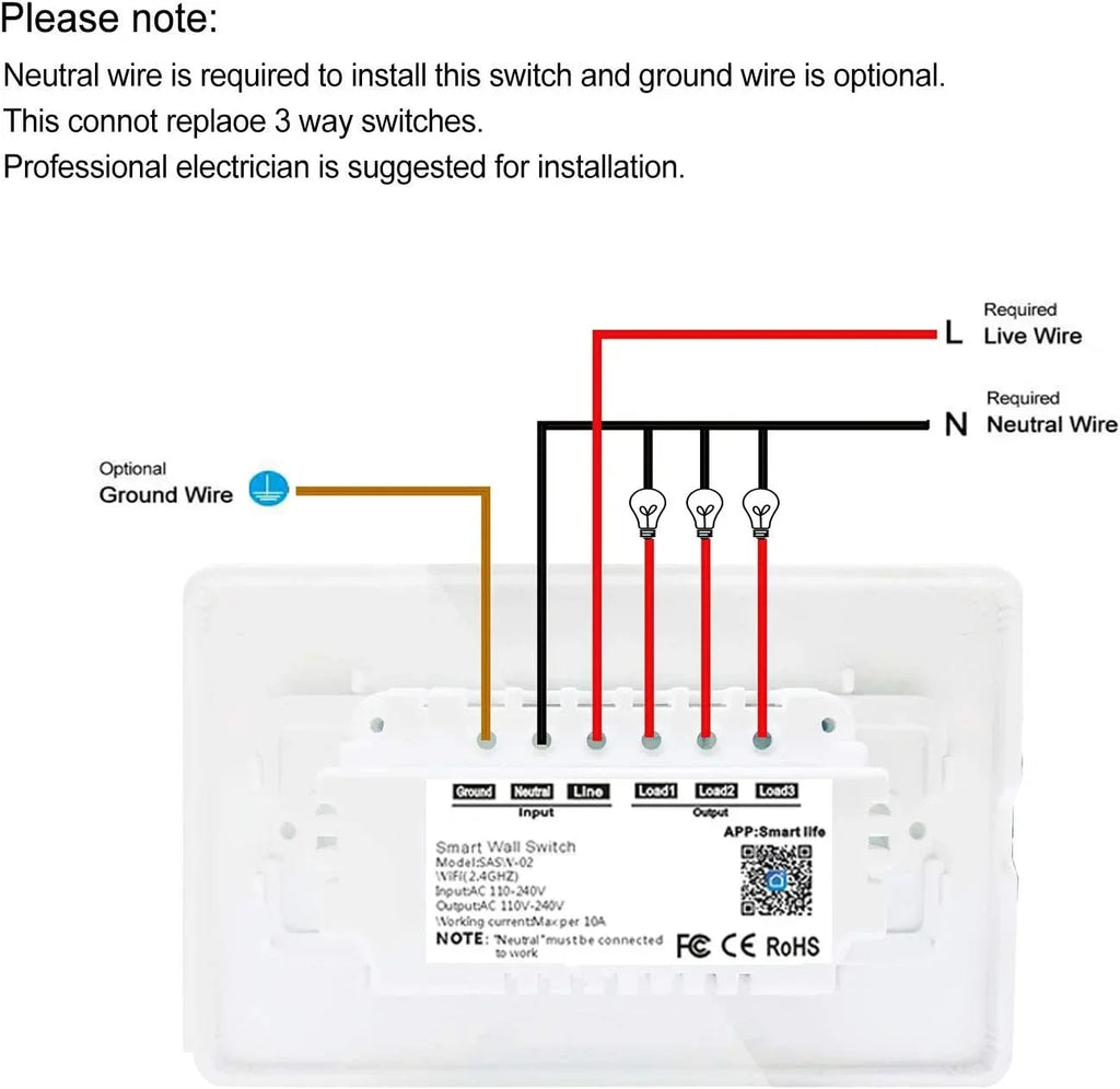 SANA Smart Light Switch,WiFi Wall Light Switch, Easy Installation and APP Control, suitable with Alexa and Google Home, No Hub Required (3 Switches in 1 Gang)