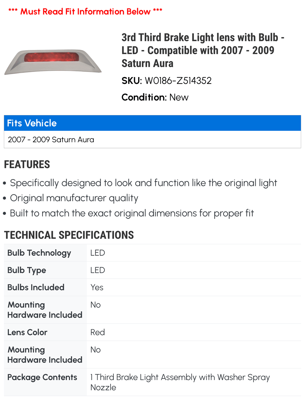 3rd Third Brake Light lens with Bulb - LED - suitable with 2007 - 2009 Saturn Aura 2008