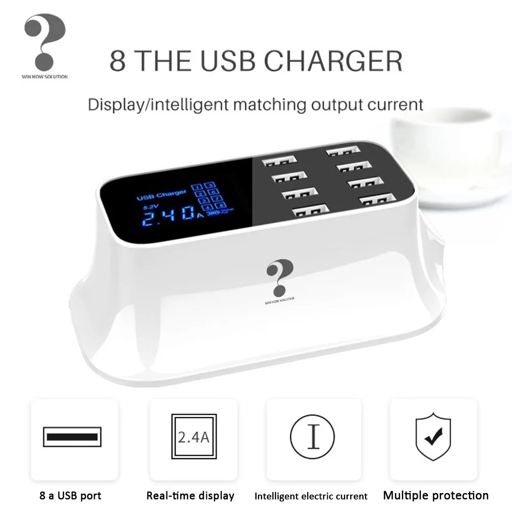 Mignova Multiple USB chargers, 8-port desktop charging station hub for LCD display, suitable with iOS and Android devices (iPhone, iPad, Huawei,  Galaxy)