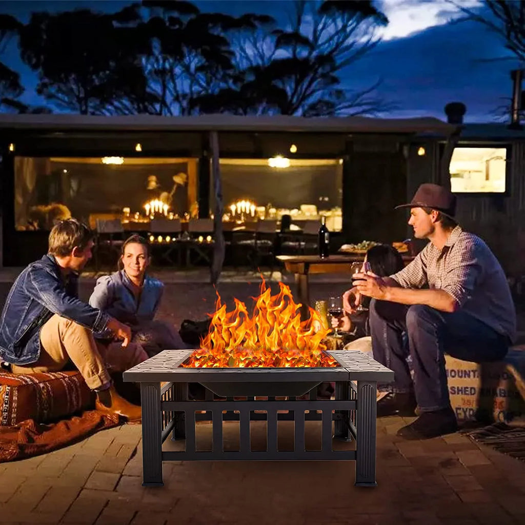 Grand Patio 32" Outdoor Fire Pit, Bonfire Wood Burning Fire Pit for Outside, Square Backyard Patio Firepit Table with Spark Screen protector Safe Mesh Lid & Poker for Warmth, BBQ or Cooler