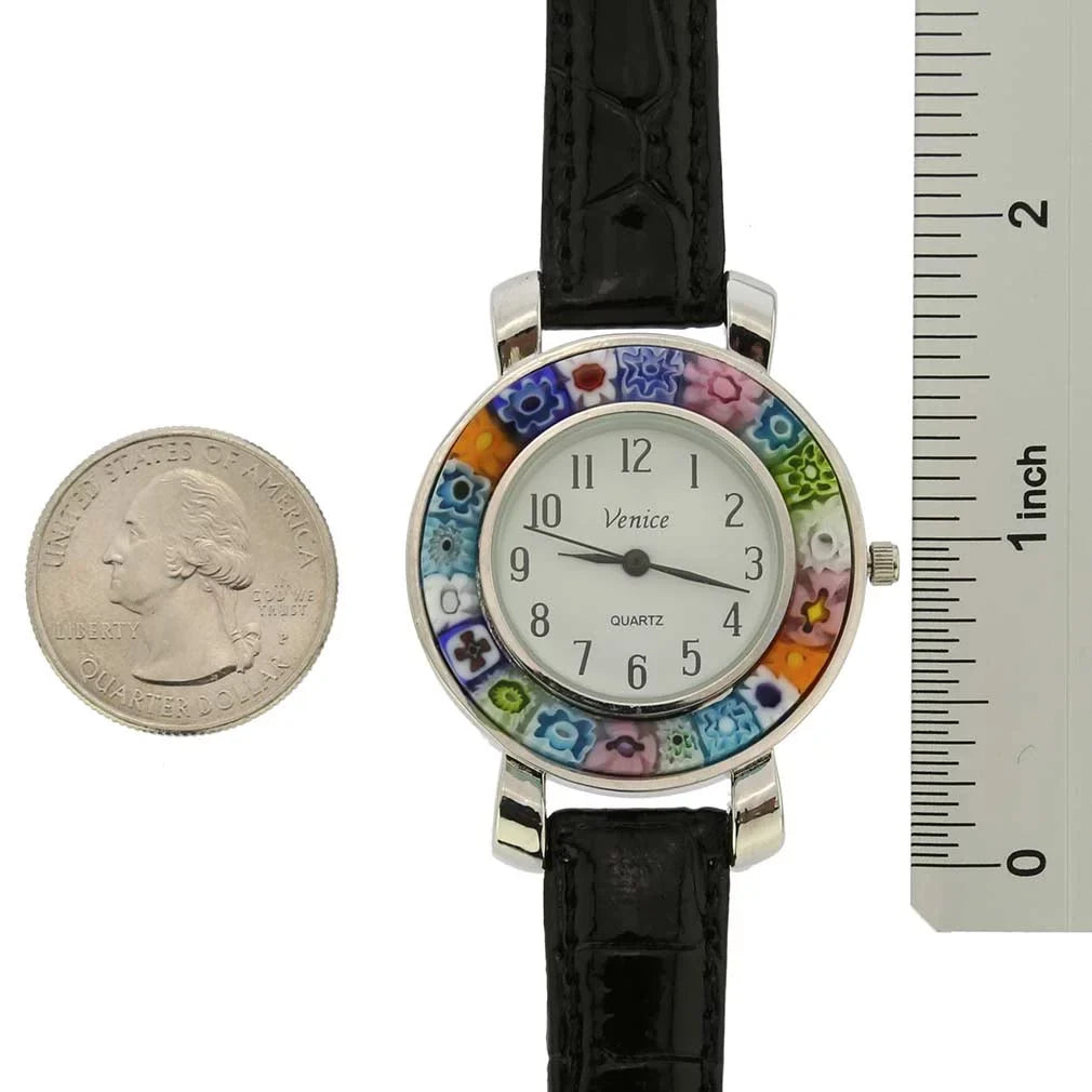 GlassOfVenice Serena Murano Millefiori Watch With Leather Band - Black
