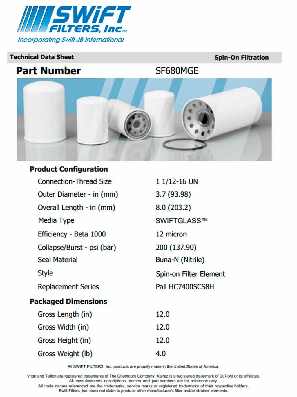 Direct Interchange for FILTER MART F74008K12Bin-On Filter Element Microglass Construction 12 Micron