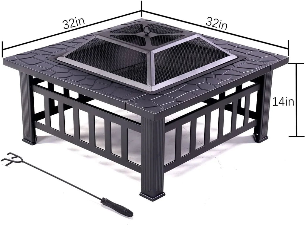 Grand Patio 32" Outdoor Fire Pit, Bonfire Wood Burning Fire Pit for Outside, Square Backyard Patio Firepit Table with Spark Screen protector Safe Mesh Lid & Poker for Warmth, BBQ or Cooler