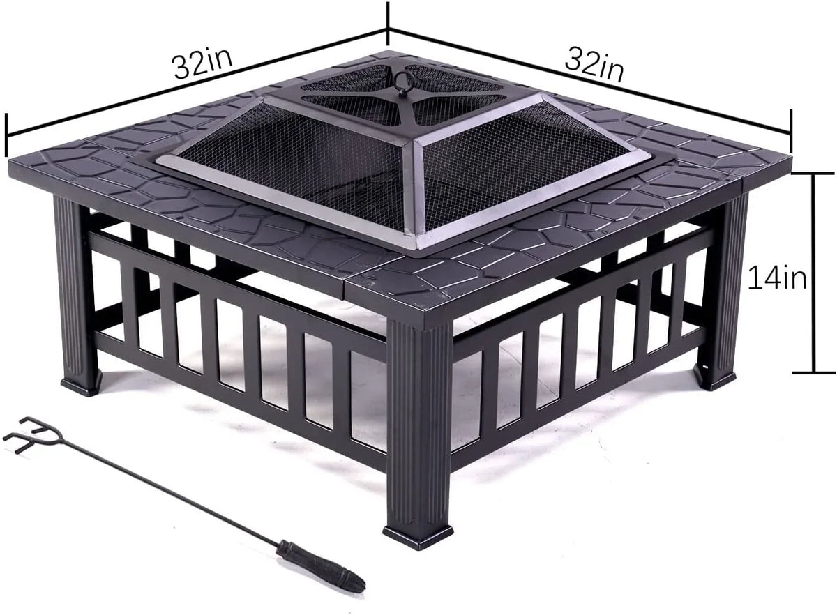 Grand Patio 32" Outdoor Fire Pit, Bonfire Wood Burning Fire Pit for Outside, Square Backyard Patio Firepit Table with Spark Screen protector Safe Mesh Lid & Poker for Warmth, BBQ or Cooler