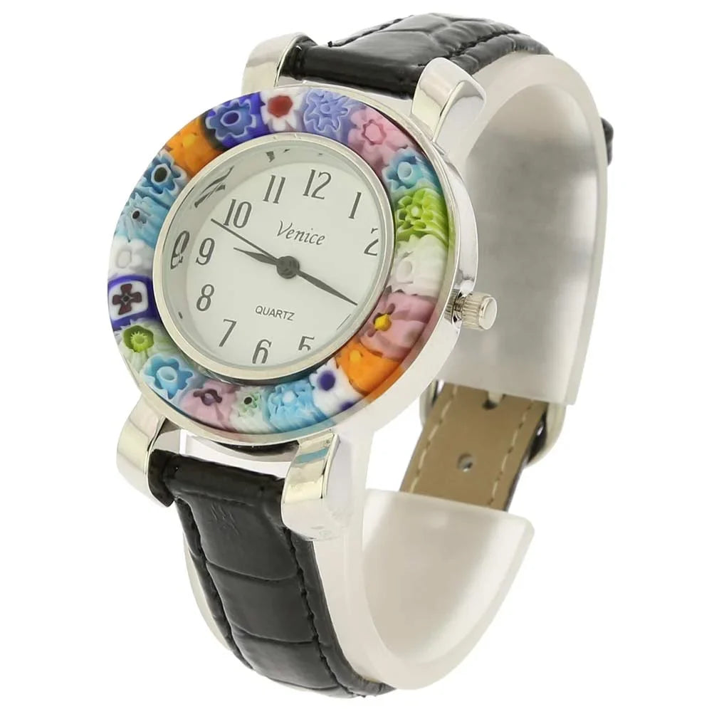 GlassOfVenice Serena Murano Millefiori Watch With Leather Band - Black