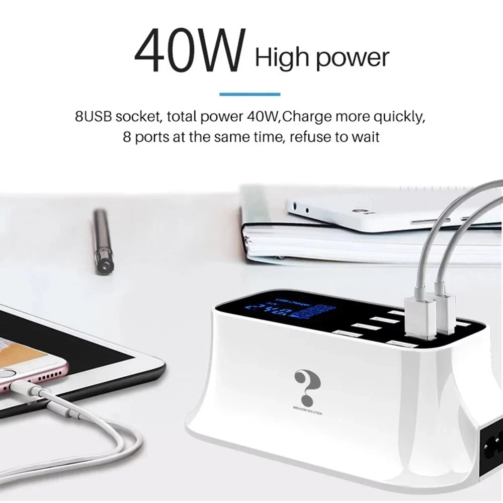 Mignova Multiple USB chargers, 8-port desktop charging station hub for LCD display, suitable with iOS and Android devices (iPhone, iPad, Huawei,  Galaxy)