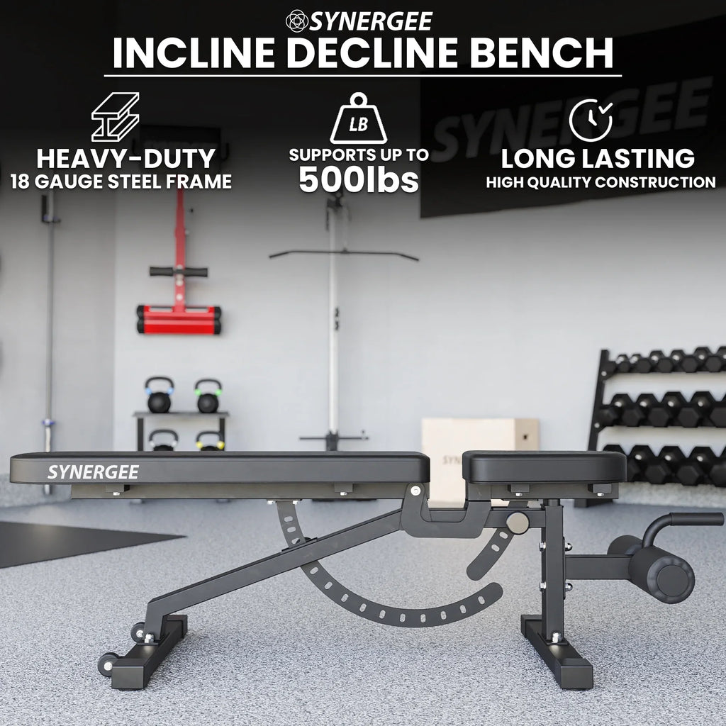 excellent for Commercial, Garage and Home Gym.. Weight Bench for Dumbbell & Barbell Press Exercises & Workouts. Synergee Adjustable Incline Decline Workout Bench