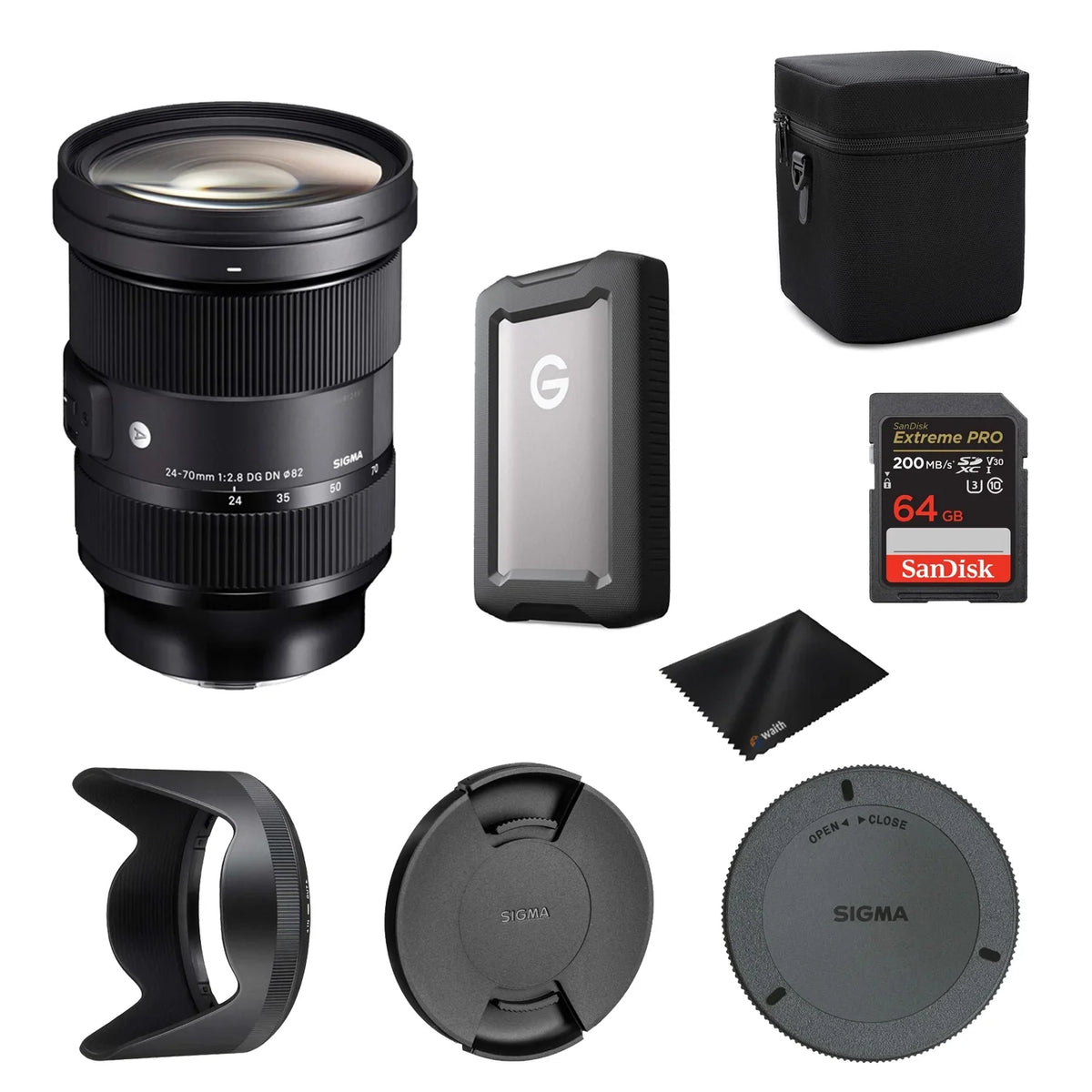 Sigma 24-70mm F2.8 DG DN Art Lens for  E with Professional 1TB External Hard Drive USB-C 3.2 Gen 1, 64GB Extreme PRO UHS-I SDXC Memory Card and Waith Microfiber Cleaning Cloth (Bundle Set)