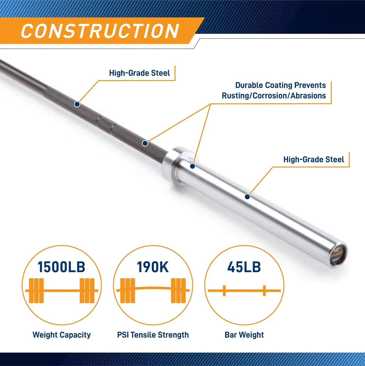 Black and Chrome 45lb Olympic Barbell | STB-1606BKC SteelBody