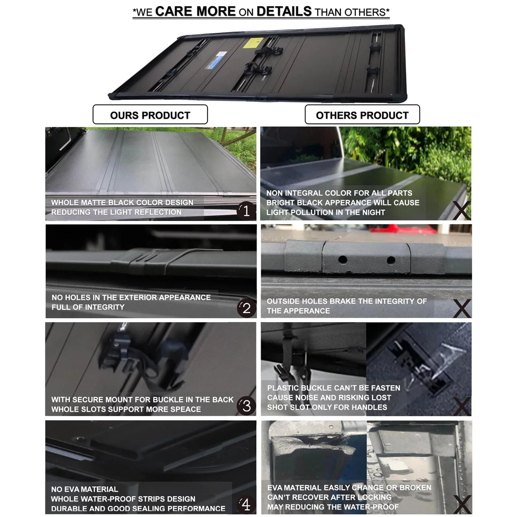 Mamoru Hard FRP Quad-Fold Solid Tonneau protector appropriate with 2016 2017 2018 2019 2020 2021 2022 2023 Tacoma 6' / 73.7" Truck Bed wrap | Fit for Deck Rail System