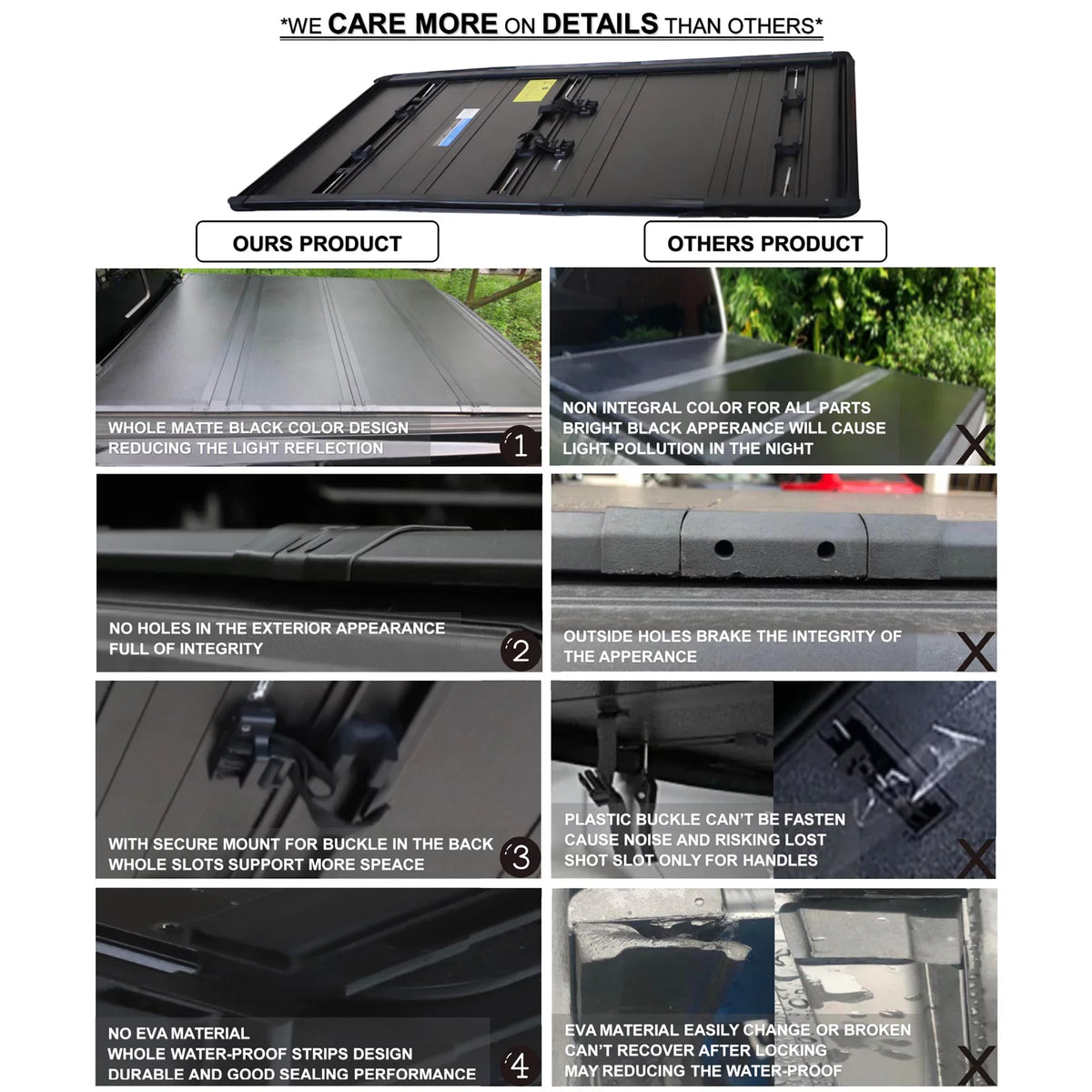 Mamoru Hard FRP Quad-Fold Solid Tonneau protector appropriate with 2016 2017 2018 2019 2020 2021 2022 2023 Tacoma 6' / 73.7" Truck Bed wrap | Fit for Deck Rail System