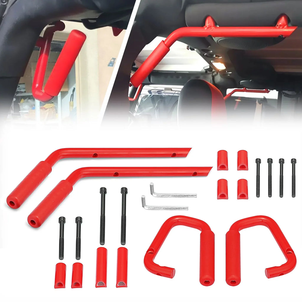 WEISEN-  Powder Coated Red Aluminum Full Front & Rear Grab Bar Handles Set for 07-18 Jeep Wrangler JK