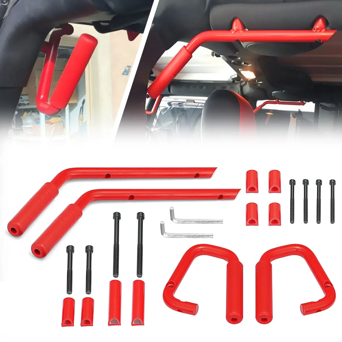 WEISEN-  Powder Coated Red Aluminum Full Front & Rear Grab Bar Handles Set for 07-18 Jeep Wrangler JK