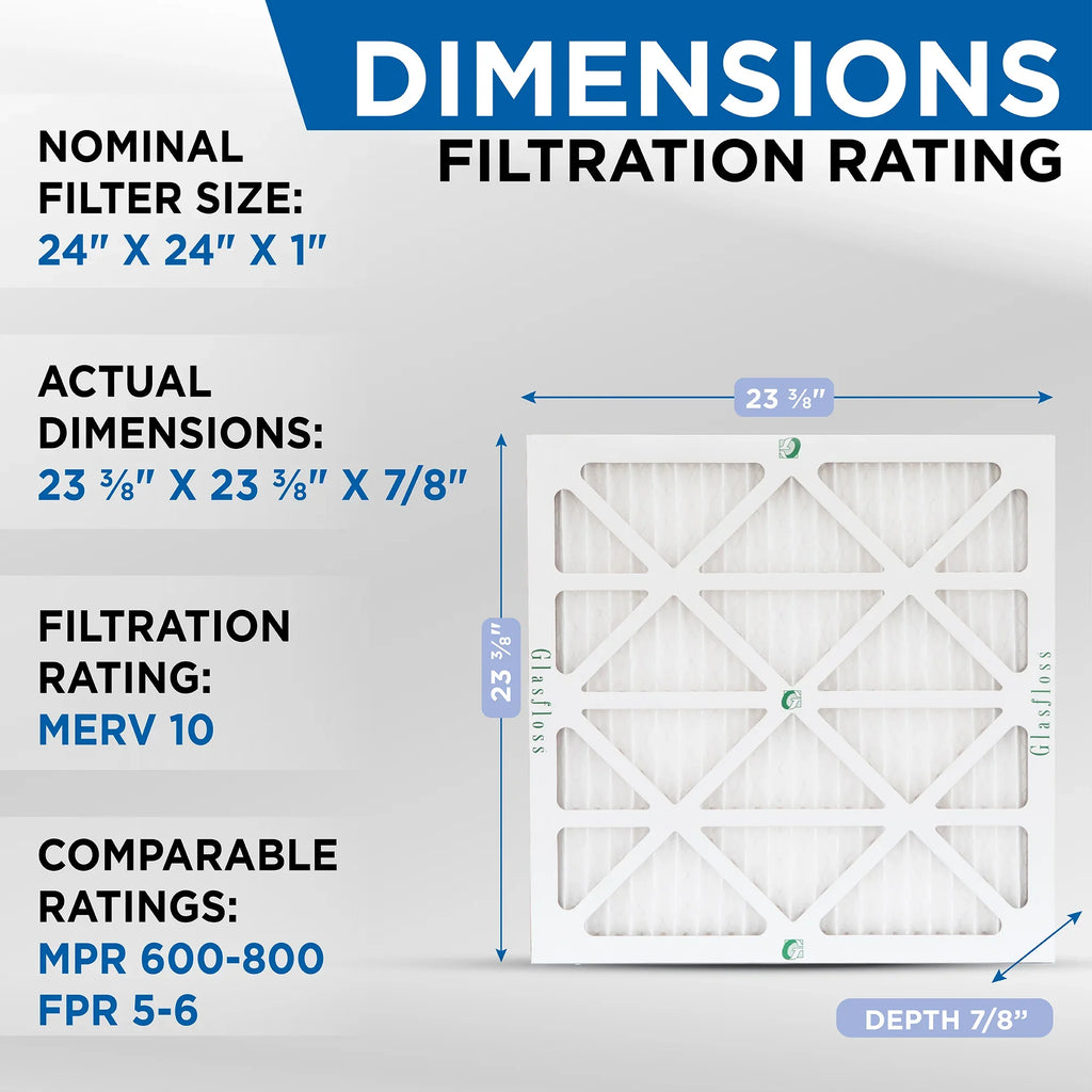 Exact Size: 23-3/8 x 23-3/8 x 7/8. Box of 4. Glasfloss ZL 24x24x1 MERV 10 Pleated AC Furnace Air Filters
