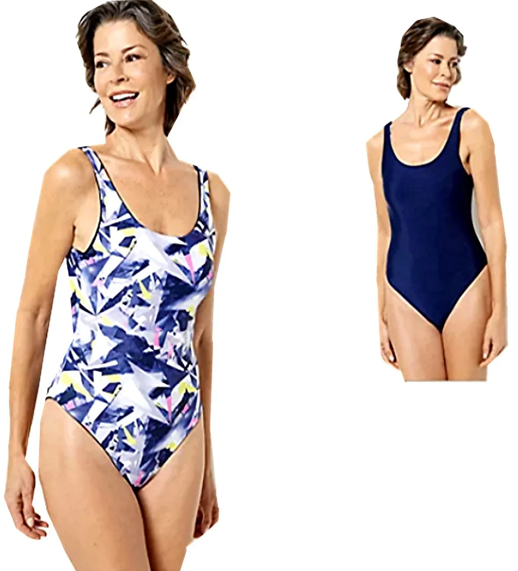 Attitudes by Renee 1-Piece Reversible Bathing Suit Swimsuit - Neon Shatter/Navy  A500943 Size  Large