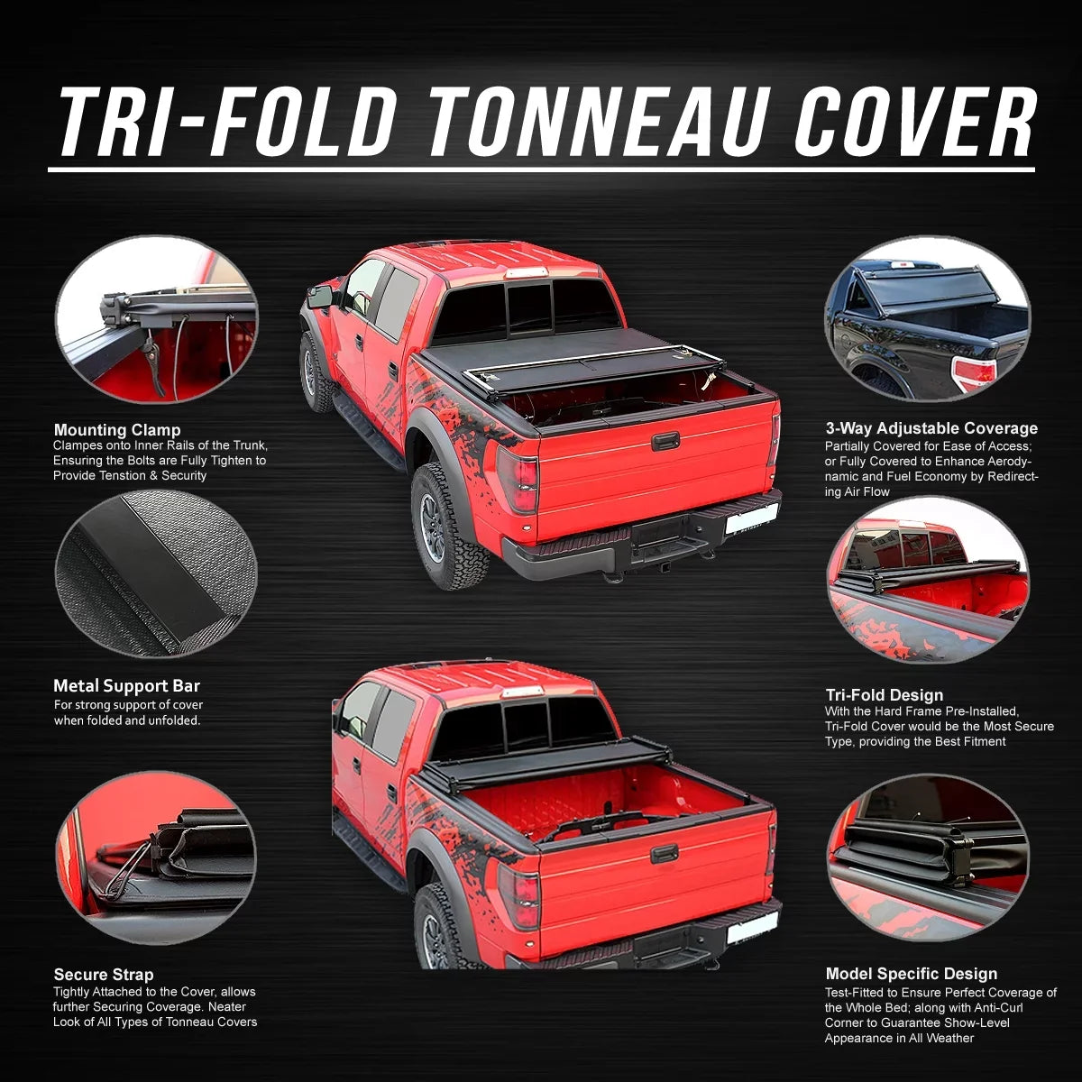 DNA Motoring TTC-TRISOFT-042 For 2004 to 2012 Chevy Colorado GMC Canyon 5'3" Fleetside Bed Tri-Fold Adjustable Soft Trunk Tonneau wrap 05 06 07 08 09 10 11