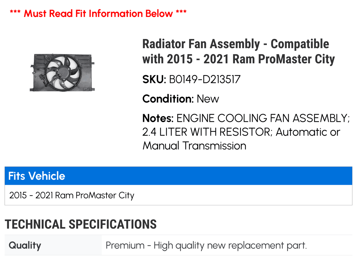 Radiator Fan Assembly - appropriate with 2015 - 2021 Ram ProMaster City 2016 2017 2018 2019 2020