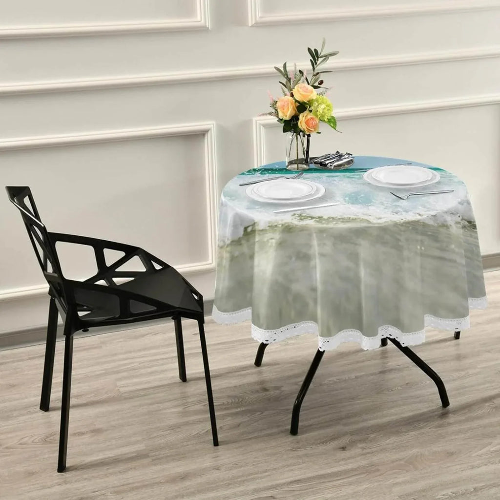 SKYSONIC Summer Sea Wave Round Tablecloth 60inch Indoor Wrinkle Free, Tropical Ocean Circular Lace Table wrap Washable for Kitchen Party BBQ Dining Decor