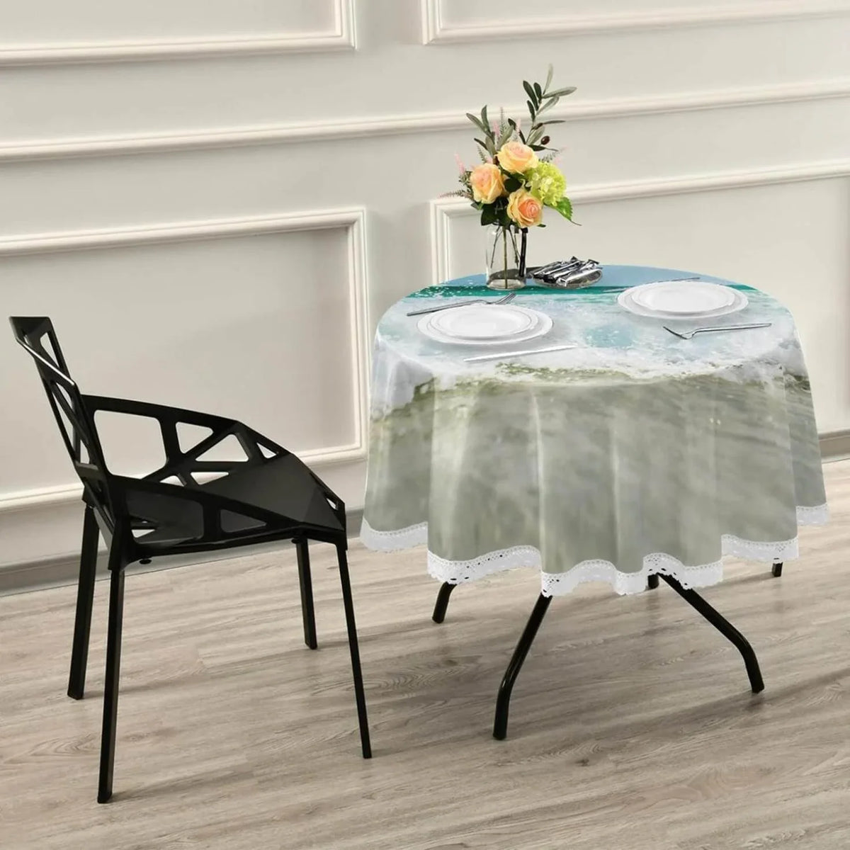 SKYSONIC Summer Sea Wave Round Tablecloth 60inch Indoor Wrinkle Free, Tropical Ocean Circular Lace Table wrap Washable for Kitchen Party BBQ Dining Decor