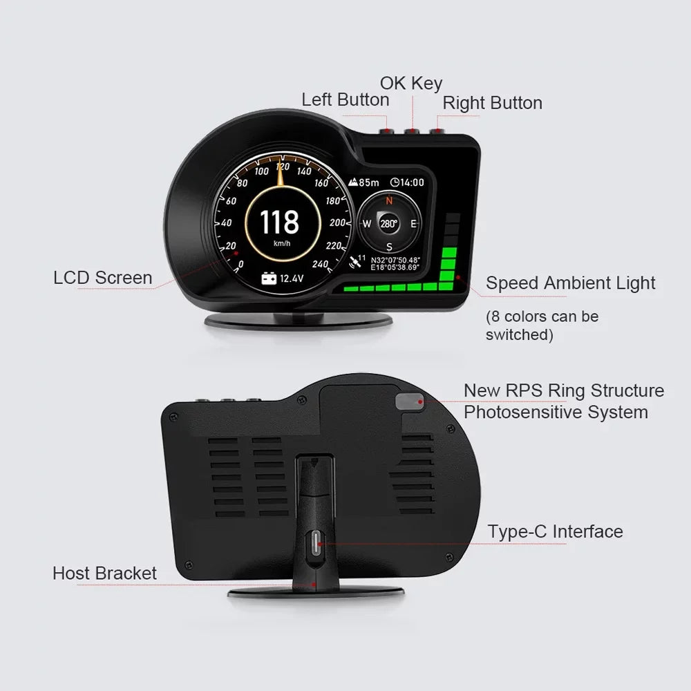 Moobody Head-Up Display for Car Speed Monitoring: Speedometer, Clock, RPM, aqua & Oil Temperature