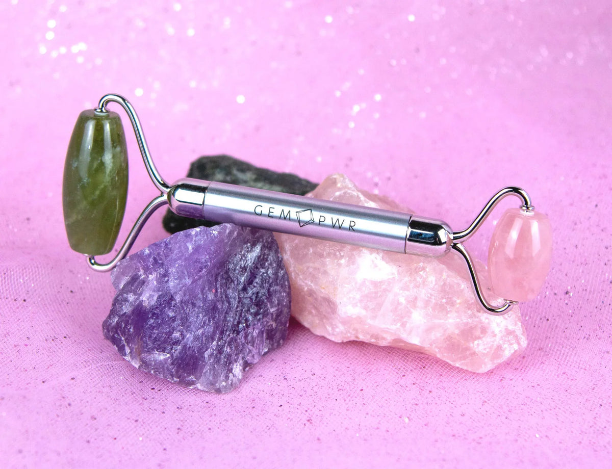 GEM PWR Rose Quartz + Jade Face Roller, Dual Head 2-in-1 with Travel Bag and Durable Steel Handle