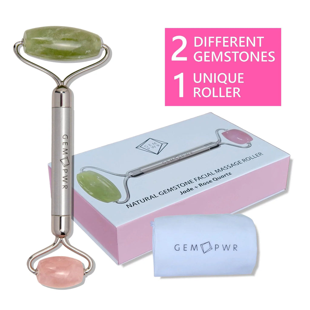 GEM PWR Rose Quartz + Jade Face Roller, Dual Head 2-in-1 with Travel Bag and Durable Steel Handle