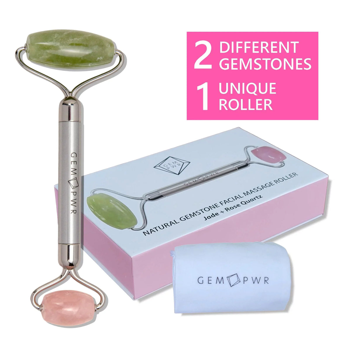GEM PWR Rose Quartz + Jade Face Roller, Dual Head 2-in-1 with Travel Bag and Durable Steel Handle