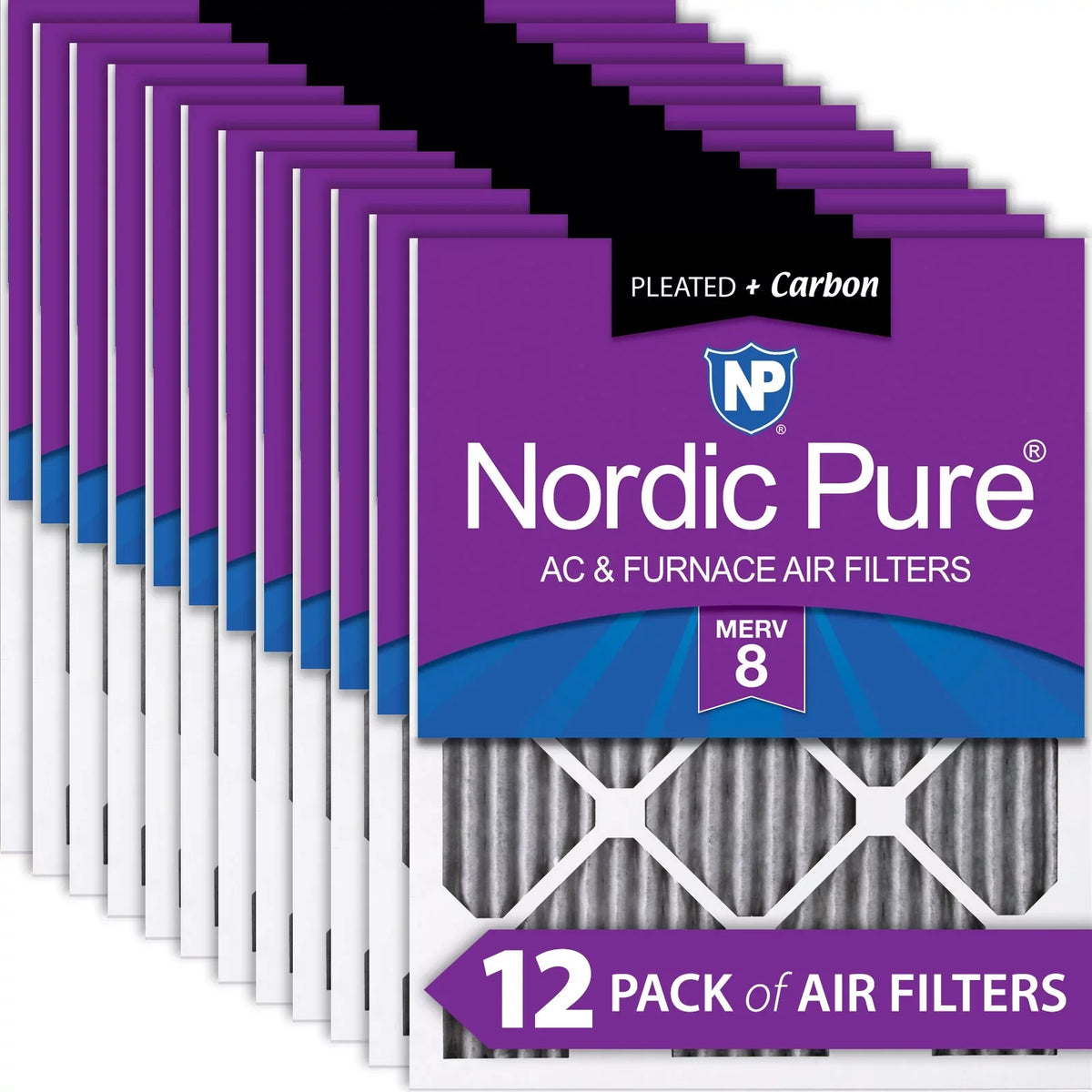 14x25x1 (13_1/2x24_1/2) Furnace Air Filters MERV 8 Pleated Plus Carbon 12 Pack