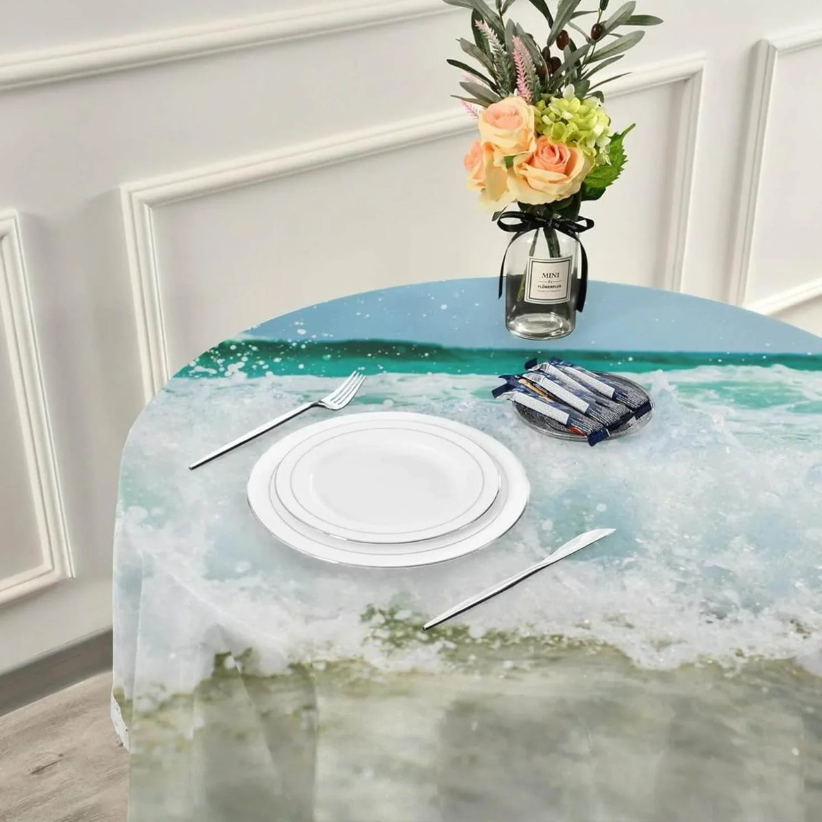 SKYSONIC Summer Sea Wave Round Tablecloth 60inch Indoor Wrinkle Free, Tropical Ocean Circular Lace Table wrap Washable for Kitchen Party BBQ Dining Decor