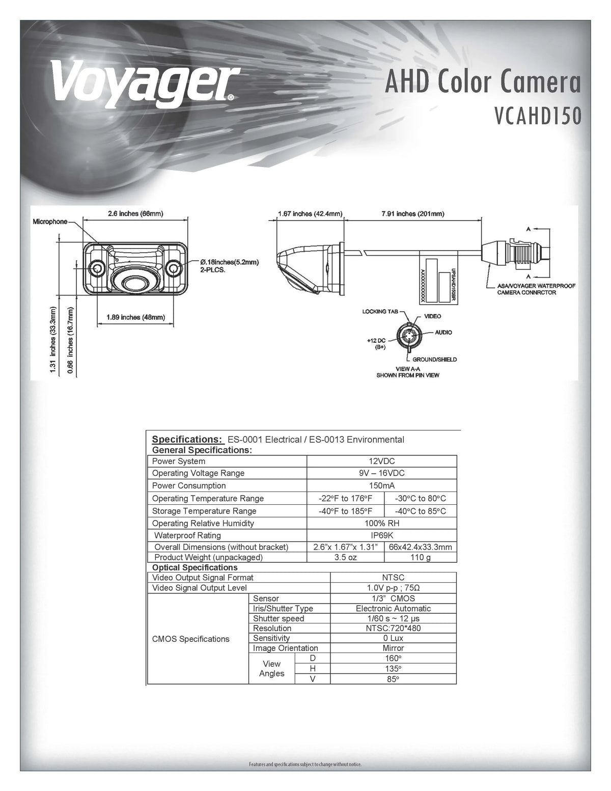 Voyager VCAHD150 Vehicle Surface Mount Heavy Duty AHD Rear Color Camera w/ Night Vision, 160-Degree Viewing Angle, IR LED Low Light Assist, White Impact immune Aluminum Housing, IP69K Waterproof